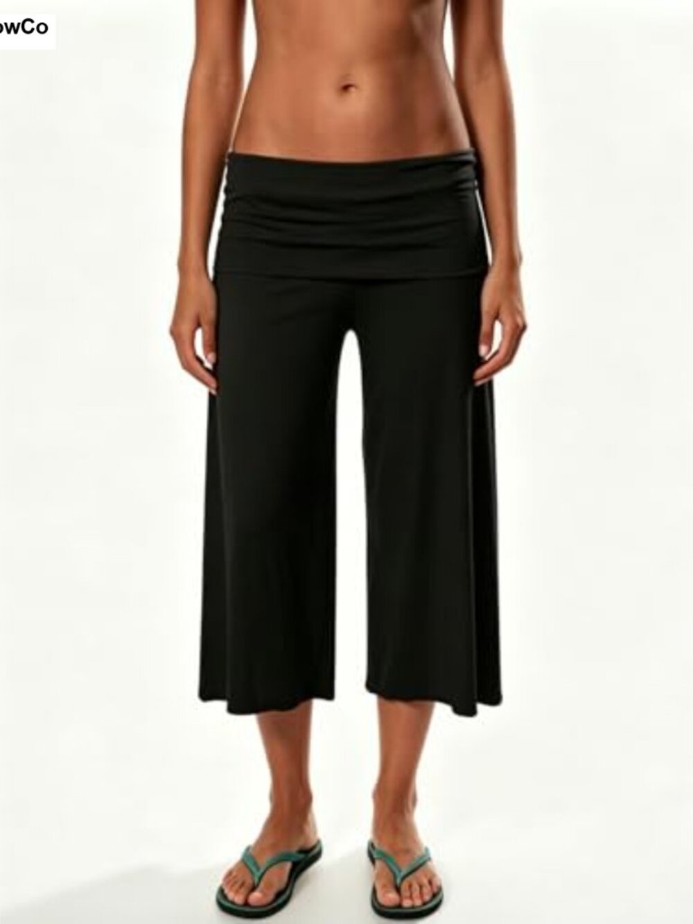 Women Low Rise Fold Over Wide Leg Capri Gaucho Pants Cotton Stretch Yoga - Picture 3 of 6